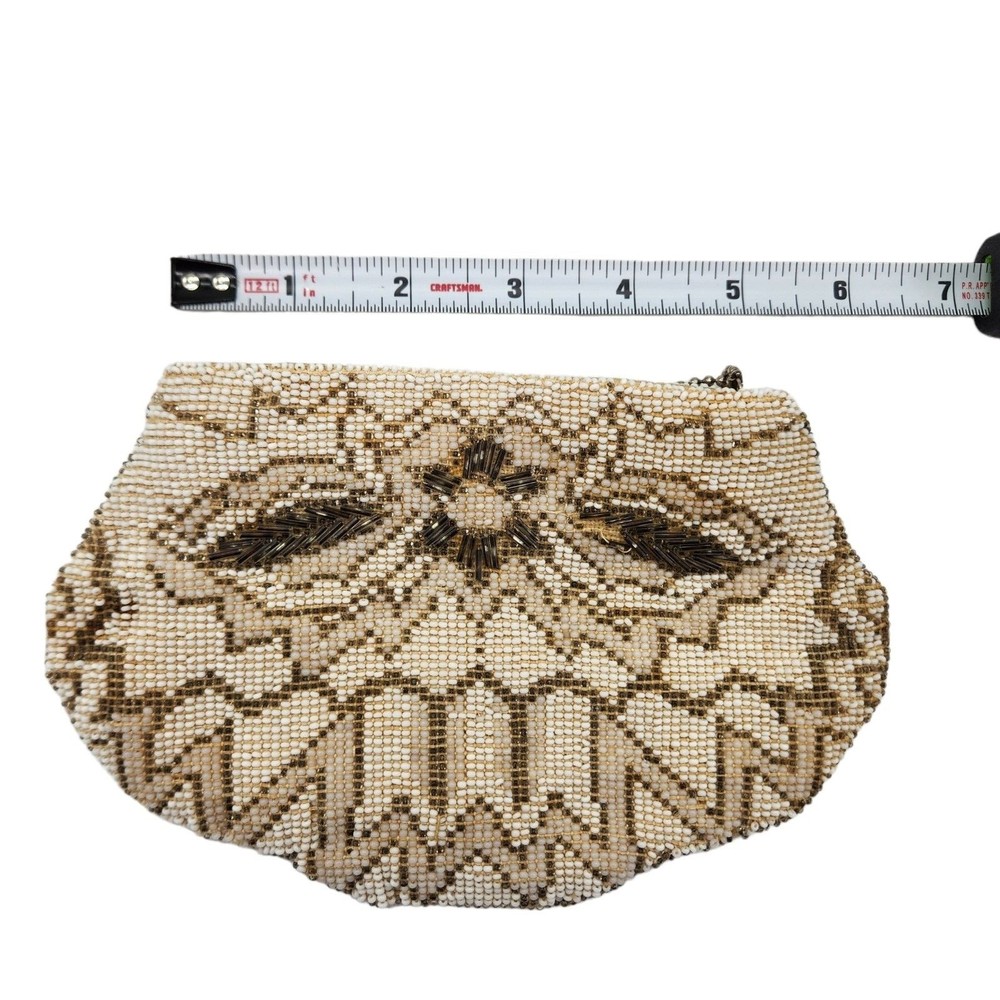 Antique  Vintage White Tan Beaded Evening Bag Clutch Purse Small  Sash Loop - Picture 3 of 5
